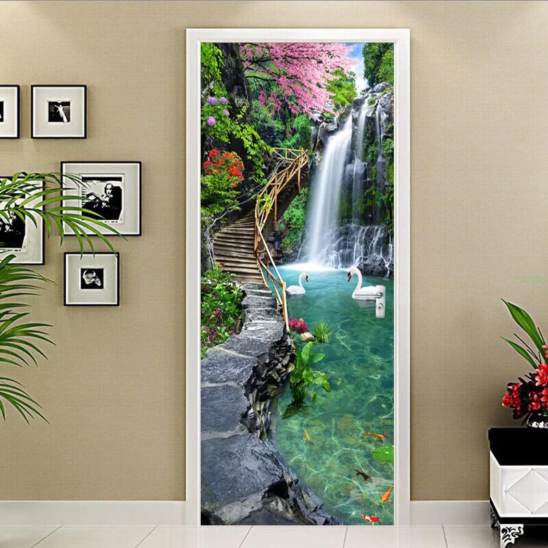 3D Nature Landscape Waterfalls Door Wall Sticker Living Room Kitchen Pvc Self-Adhesive Waterproof Sticker On The Doors Wallpaper