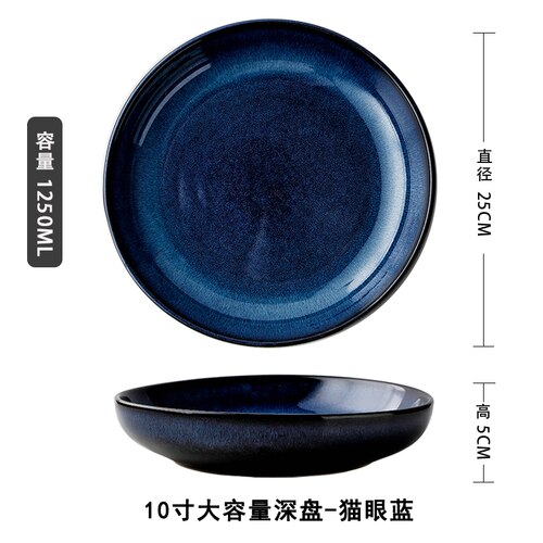 Ceramic Dishware Deep Salad Plates Large Round Solid Color Fruit Dish Household Restaurant Simple Dinner Plates 10 Inch: blue