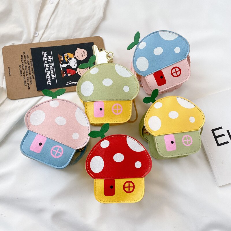 Cute Children Mini Shoulder Bags Lovely Girls Mushroom Coin Purse PU Leather Kawaii Baby Kids Small Crossbody Bags