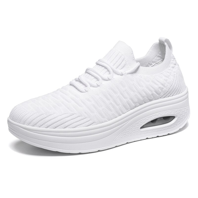 Obuwie damskie platforma trampki na koturnie 2020 oddychająca wysokość zwiększenie obuwie Casual Lace Up damskie buty Fitness kliny obuwie: white women shoes / 5.5