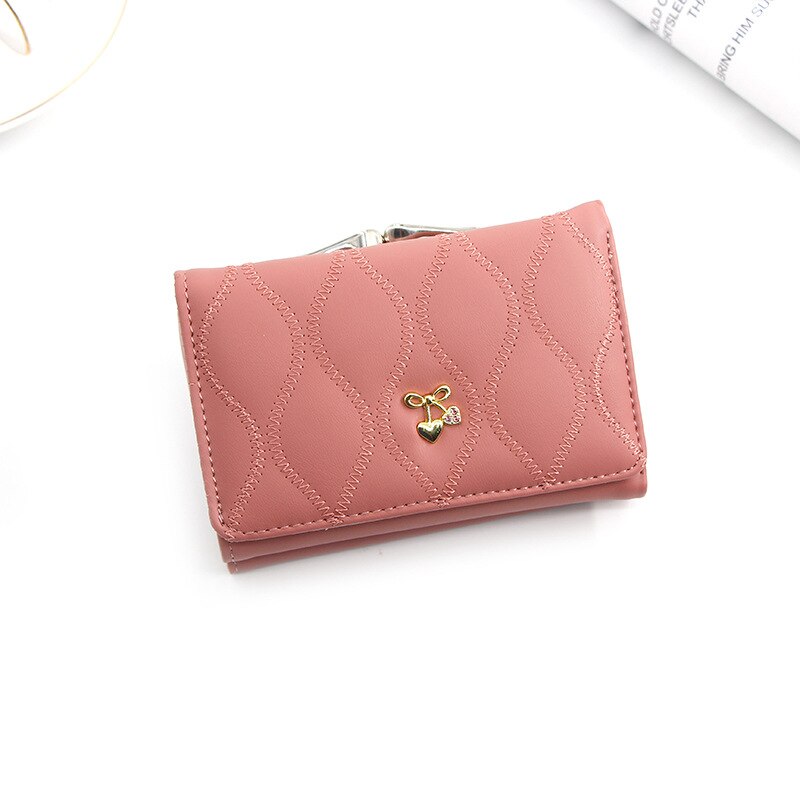 Mini Lederen Portemonnee Vrouwen Dame Korte Coin Pouch vrouwen Purse Leuke Cherry Kleine Verandering Portemonnees Coin Bag 3 fold Portemonnee: pink