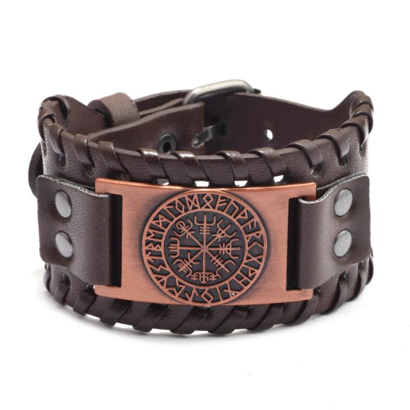 Toten Nordic Viking Odin Compass Bracelet for Man Hand-Woven Wide Leather Wristband Adjustable Bangles Punk Jewelry: brown