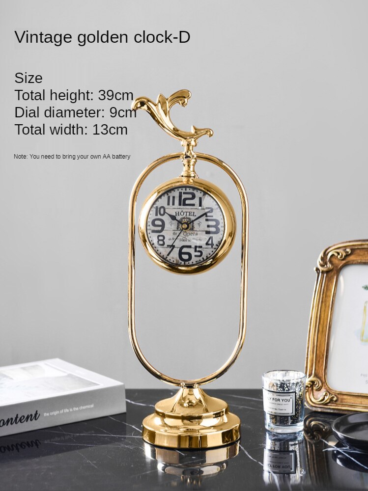 European Style Silent Retro Golden Desk Clock Living Room Decoration Bedroom Light Luxury Metal Desk Clock Decoration: D