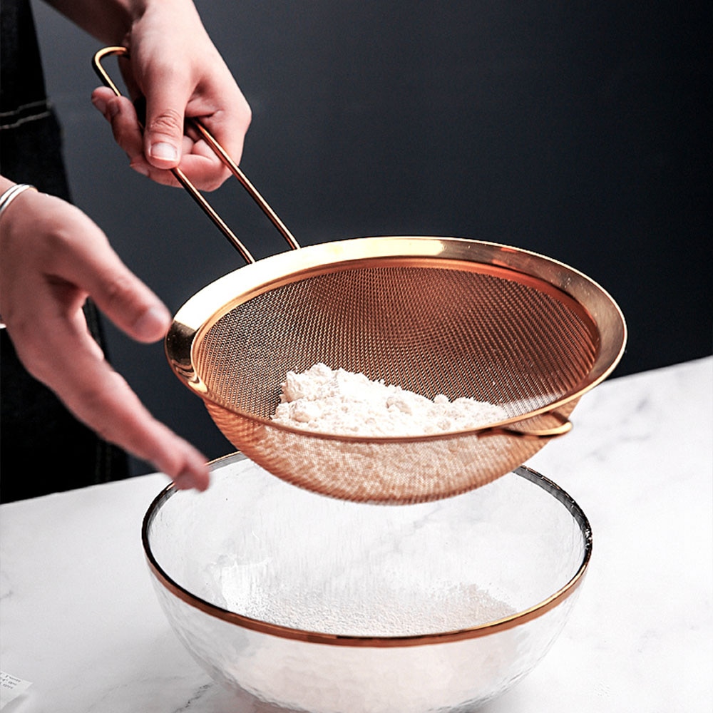 Passoire acier inoxydable or Rose à manche Long | Maille d'écran en acier inoxydable, farine à Long manche, passoire à huile de cuisson, passoire filtre de cuisine, outil de cuisson