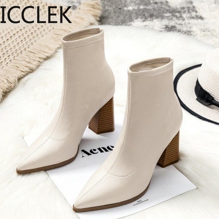 ICCLEK nouvelles femmes bottes bottines bout pointu talon carré Pu femmes bottes noir Beige Zapatos De Mujer A058