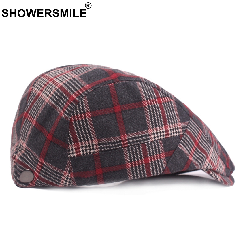 Showersmile röd rutig baskerhattar för män kvinnor rutiga platta kepsar bomullsbasker manlig klassisk brittisk stil vintage justerbara hattar