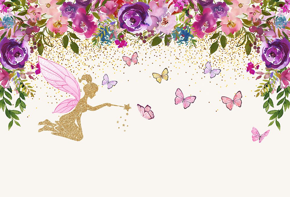 Fotografie Achtergrond Roze Paarse Bloemen Custom Fairy Vlinder Meisjes Verjaardagsfeestje Achtergronden Banner Photo Studio Foto Prop