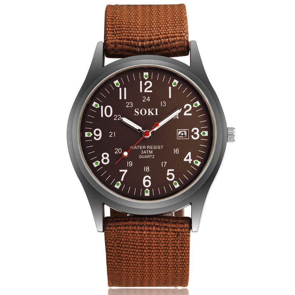 Kalender Horloge Voor Mannen Geweven Nylon Riem Horloges Mannen Quartz Horloge Relogio Masculino: Bruin