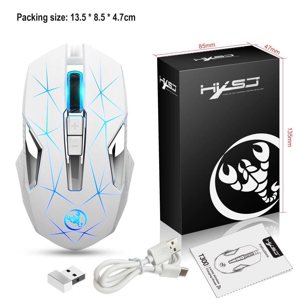 HXSJ T300 2.4G Luminous Wireless Mouse Built-in 600mAh Battery Rechargeable 2400DPI Adjustable Game Office Suitable: T300W