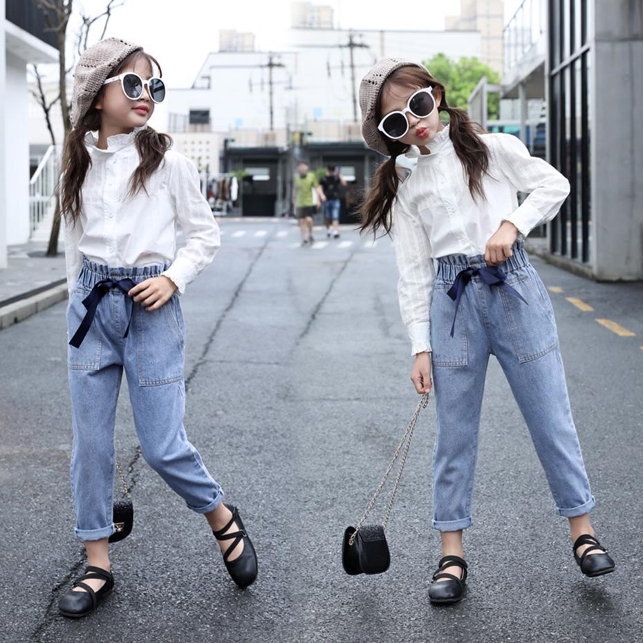 jeans jente høy vente jeans til jenter stor Bue jeans til låve solide klær til jenter 6 8 10 12 14