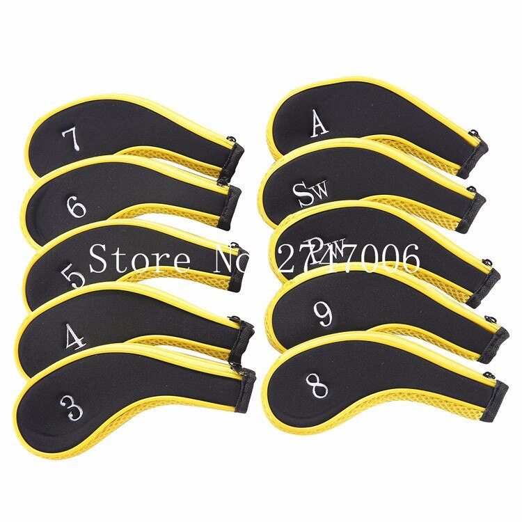 10Pcs Rubber Neoprene Head Cover Golf Club Iron Putter Protect Set Number Printed with Zipper Long Neck Iron Covers: Yellow Black