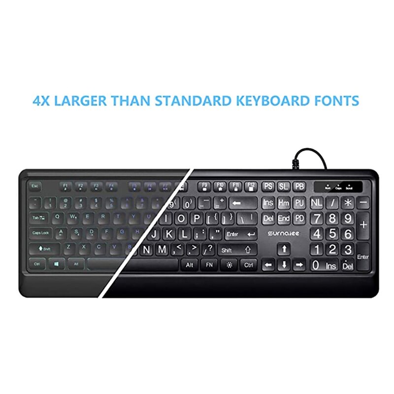 Large Font Print USB LED Backlit Keyboard 104 Keys Full Size Computer Keyboard for Seniors and Low Vision Individuals