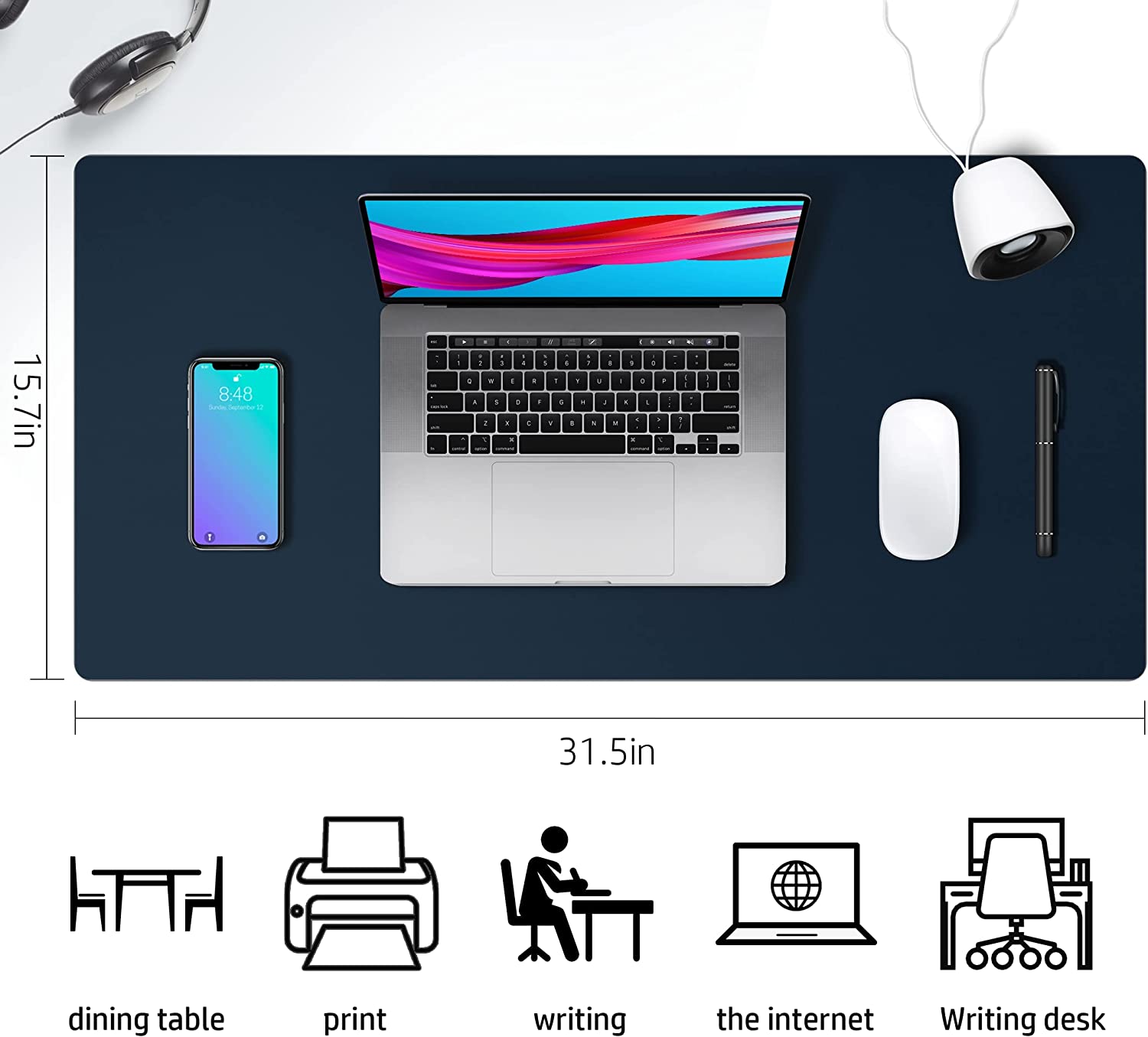 Desk Mat Waterproof PVC Mouse Pad Leather Desk Protective Cover Pink Large Computer Girls Laptop Non-slip Gaming Keyboard Mats: XXL / Navy Blue