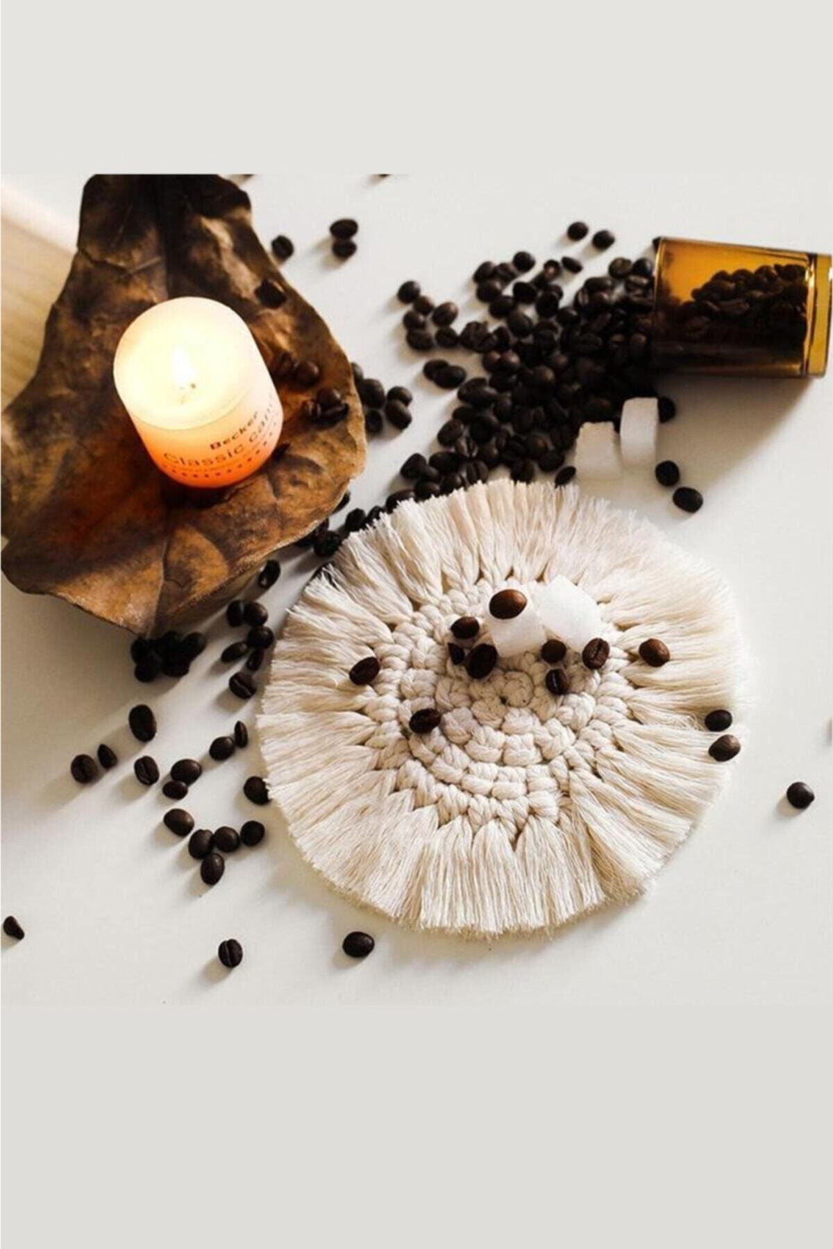 Makrome 1 Piece Cup And Candle Stand With Tassels Handmade 19 Cm Diameter Stylish Home Decor