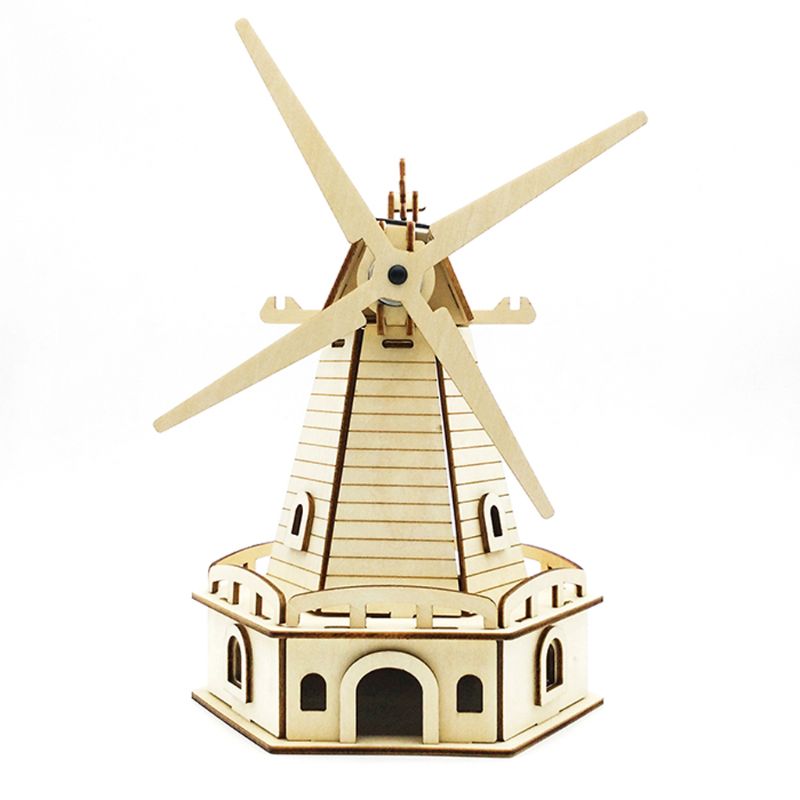 3D Assembled Wooden Puzzle Solar Energy Powered Windmill Jigsaw Model Building Kits for Adults Kids Educational Toy