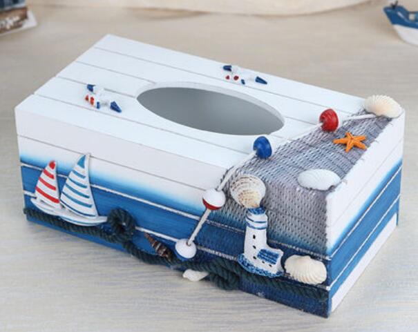 Mediterranean style wooden tissue box Blue ocean Beach marine shell decorative tissue box: A
