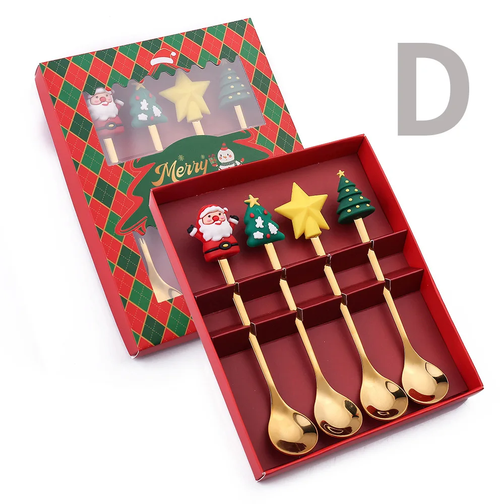 4 stks/set Kerstcadeau Goud Zilveren Lepel Vork Set Elanden Kerstboom Decoratie Dessert Scoop Fruit Vork Koffielepel Bestek: GRIJS