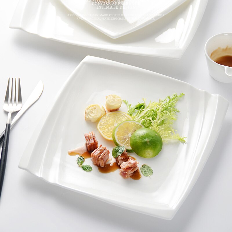 Pure White Ceramic Western Plate Flat Steak Plate Dessert Dim Sum Square Cake Cake Plate Household Dinner Plate Western Tablewar