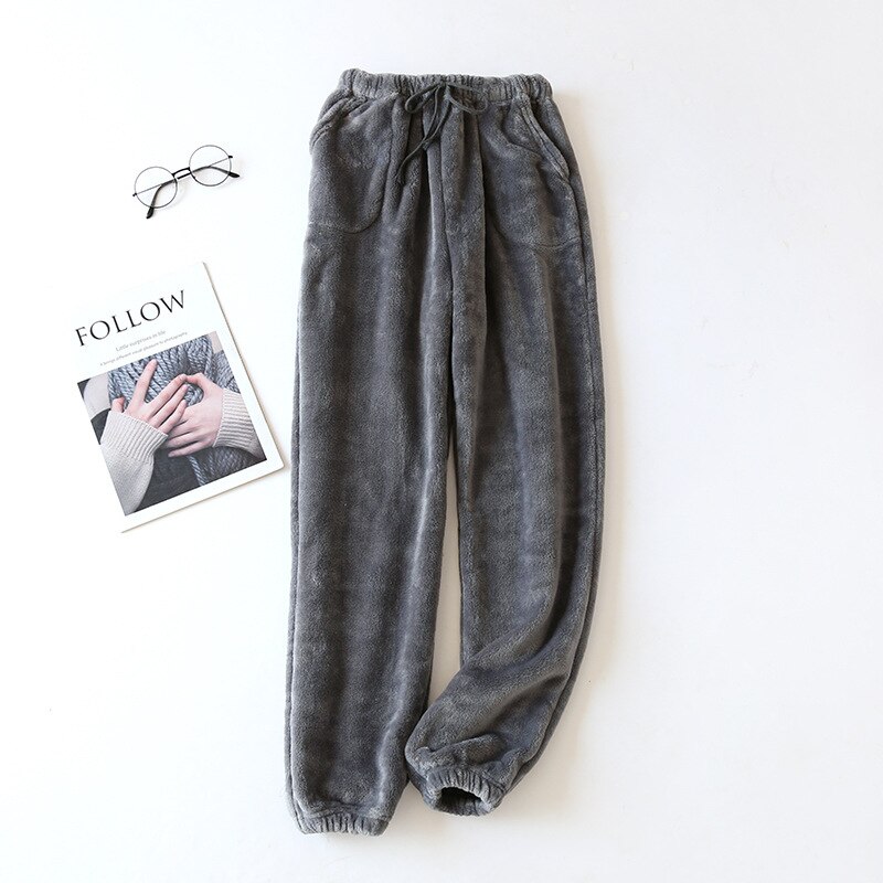 Winter Sleeping Trousers Flannel Fleece Warm Sleep Bottoms Solid Color Pants Casual Lounge Pants With Pockets