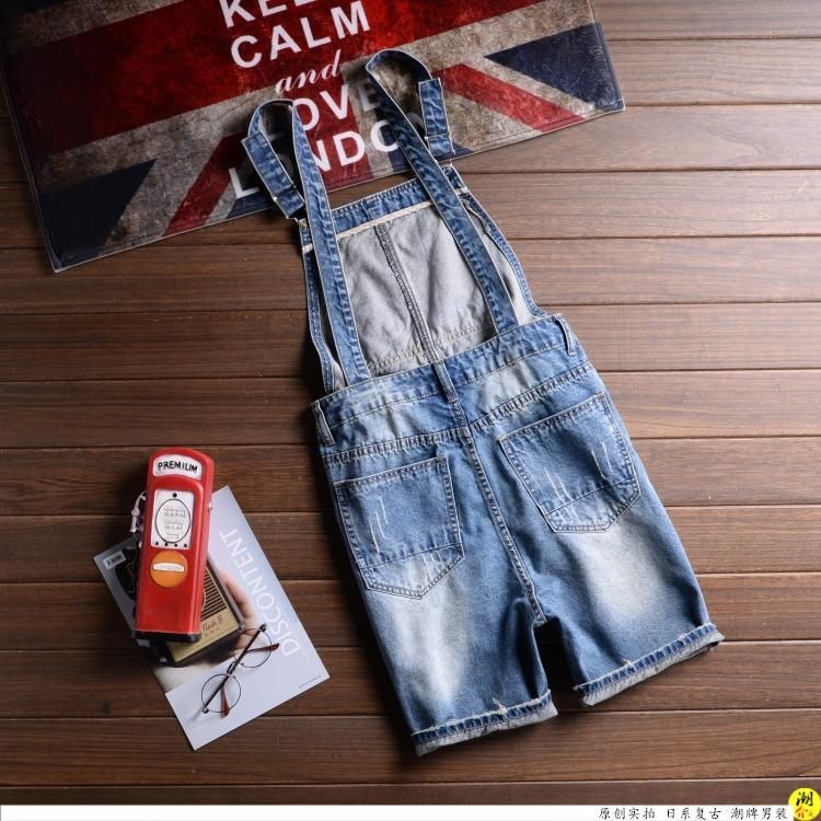 Male Denim Jumpsuit Short Blue Denim Overalls Men Distressed Ripped Shorts Suspender jean shorts Bermuda Masculina 031501