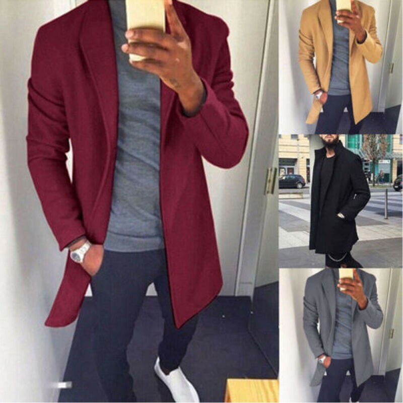 Efterår vinter mænd fritidsfrakke tyk ulden trenchcoat business mandlig solid klassisk overfrakke mellemlange jakker toppe
