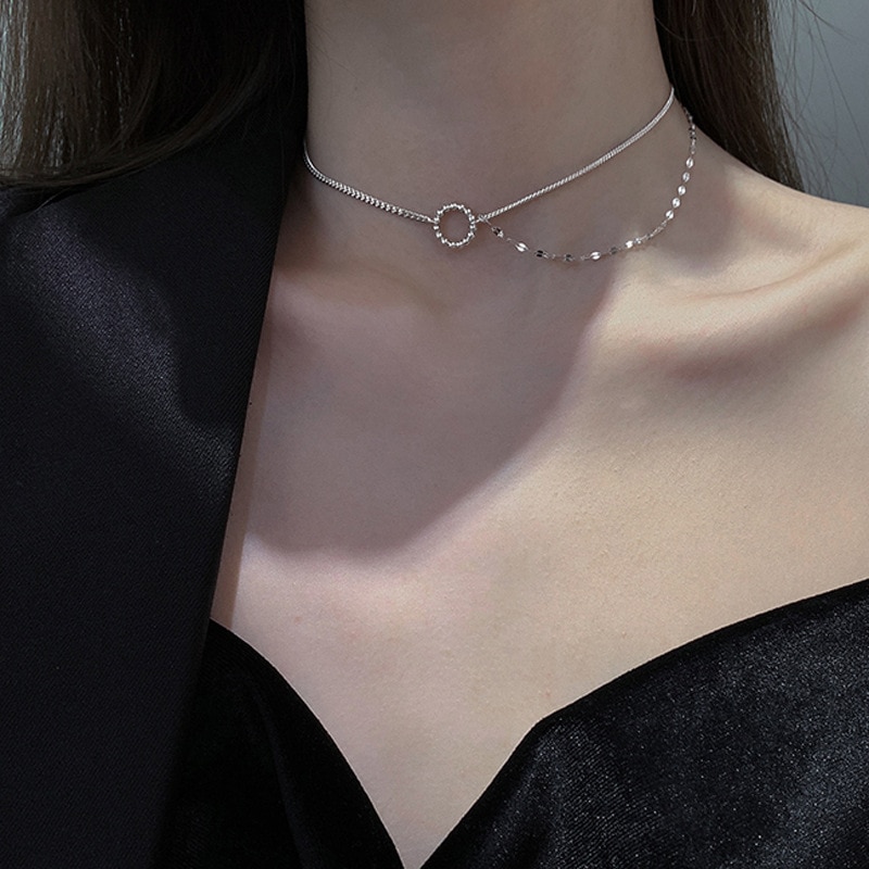 Double Layer Circle Choker Necklace for Women Asymmetric Chain Clavicle Chain Necklace Jewelry Minimalist Accessories S-N727