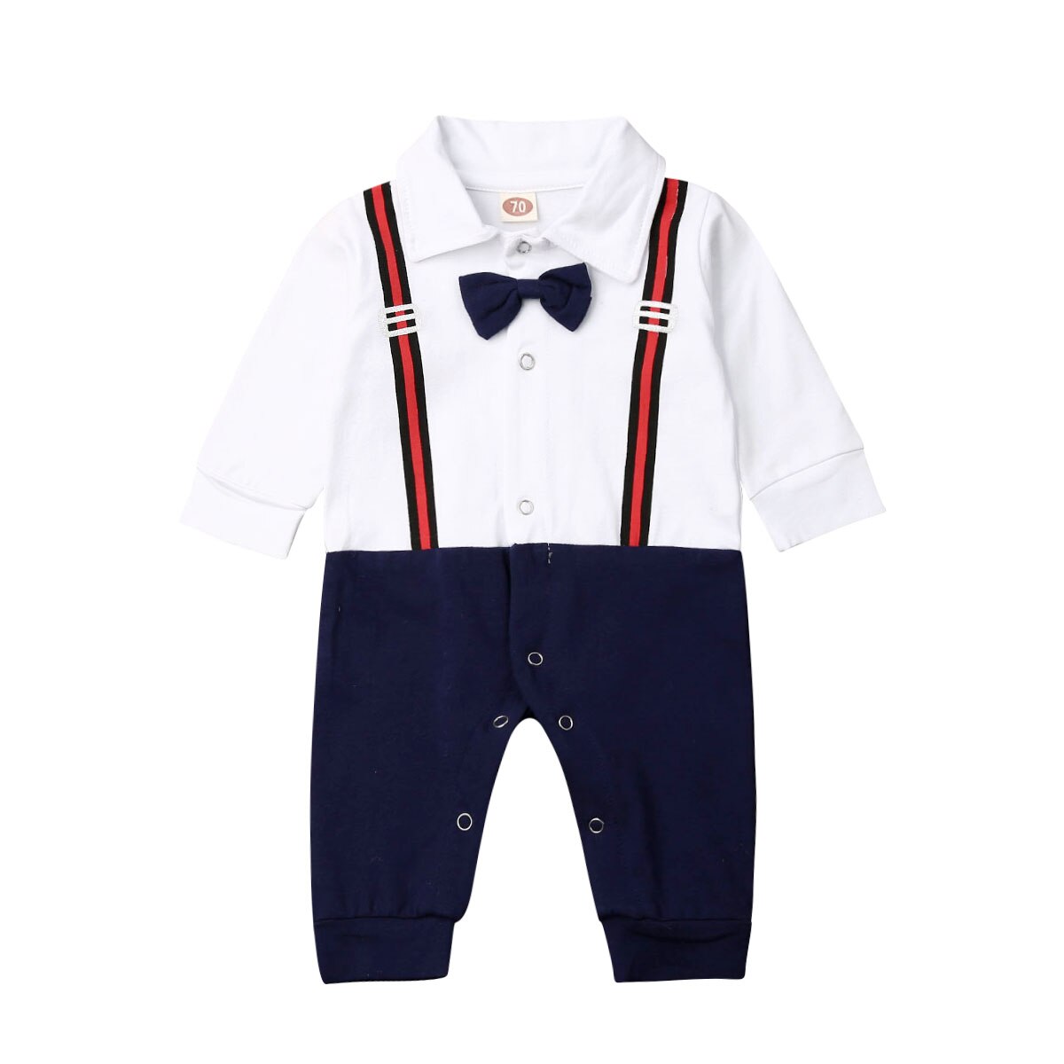 Katoen Lange Mouwen Party Kids Baby Jongens Rompertjes Formele Gentlement Strikje Peuter Infant Outfits Leuke Jarretel Afdrukken Kostuums: Blauw / 18m