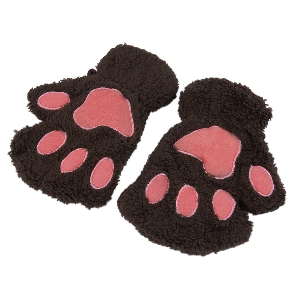 Chaleur sans doigts en peluche gants moelleux Bearr griffe/chat Animal patte doux belle mignon femmes demi doigt couvert costume gants: dark coffe