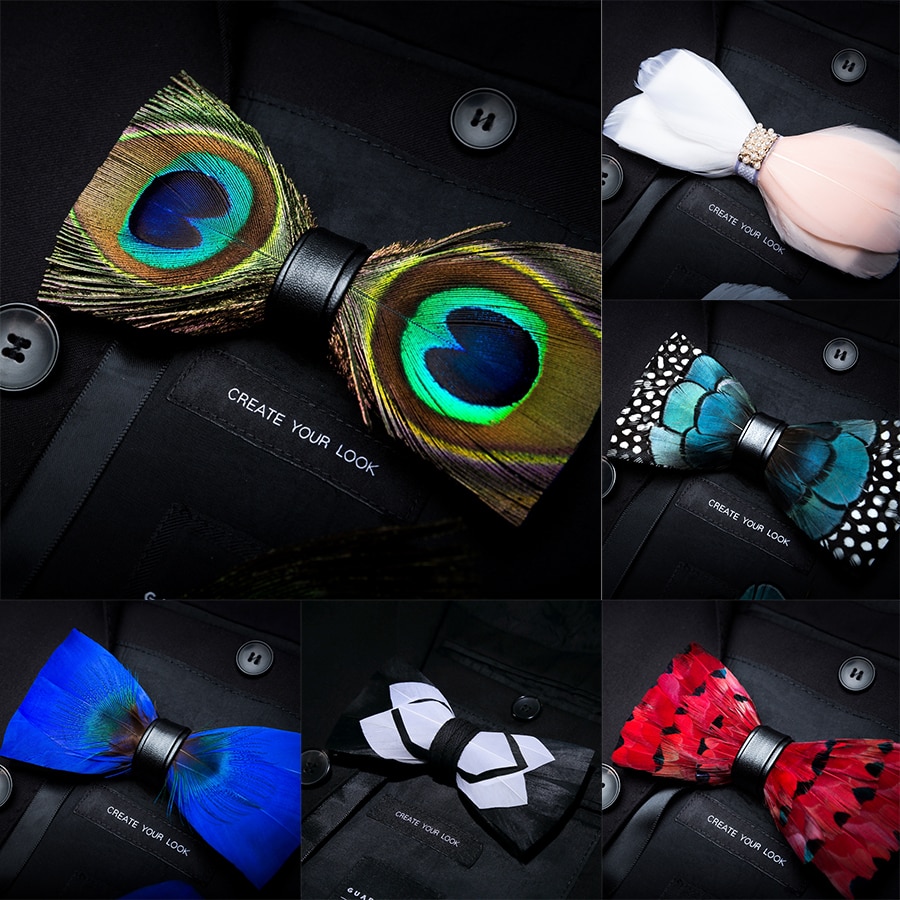 Ricnais – nœud papillon en cuir et plume pour homme, fait à la main, avec boîte , accessoires pour fête de mariage