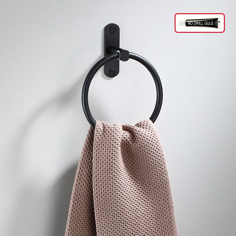 Neglefri sort håndklædeholder håndklæde ring rund vægmonteret hvid håndklædestativ håndklædehylde rustfrit stål badeværelse tilbehør: Sort lim