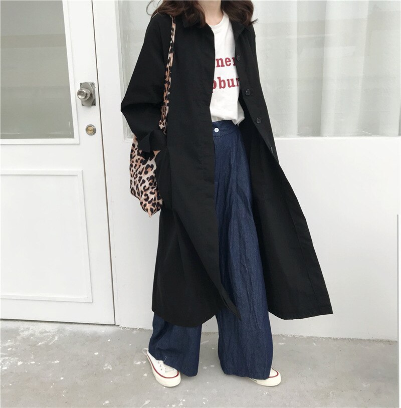Korean Trench Coat Female Outerwear Summer Windbreaker Long-gown Loose Thin Coat Single-breasted Long Sleeved Shirts Coat Women: Black