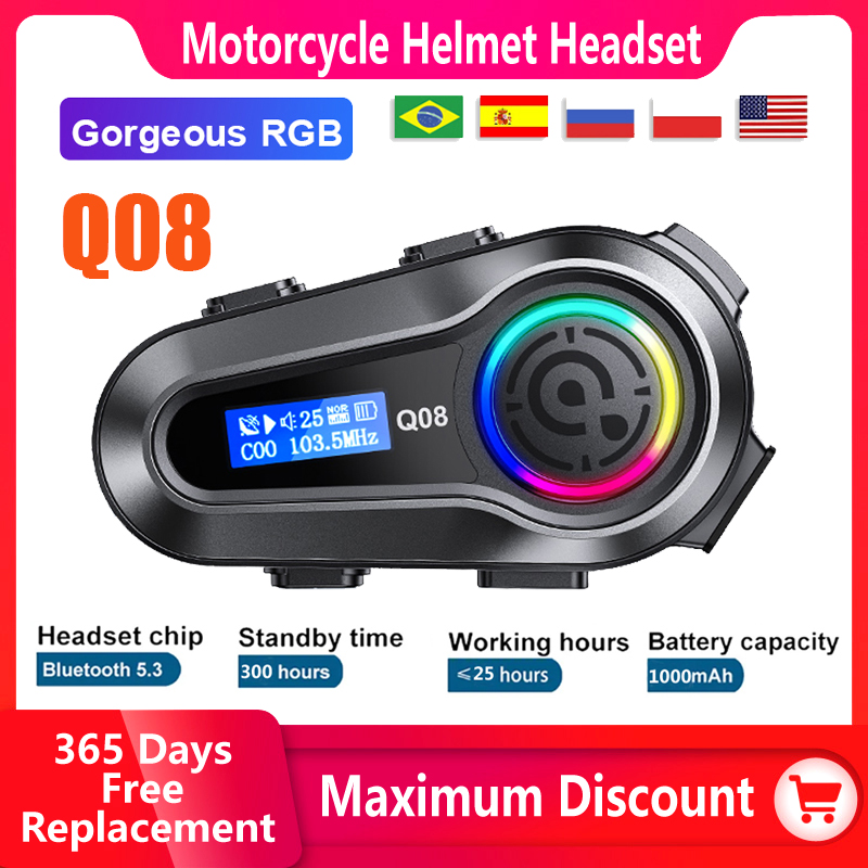 Q08 Motorcycle Helmet Bluetooth Headset EQ Sound Effect HD LCD Display IPX6 Waterproof Stereo FM Radio Stable Signal Headphone