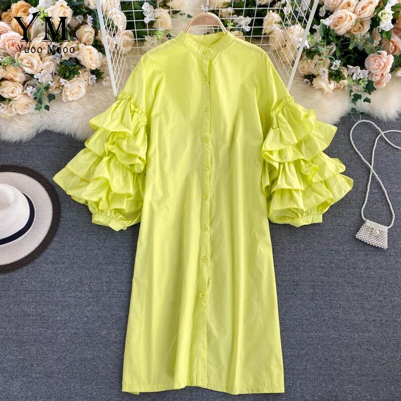 YuooMuoo-vestido verde con volantes de manga larga para otoño, Vestido camisero con una hilera de botones para mujer