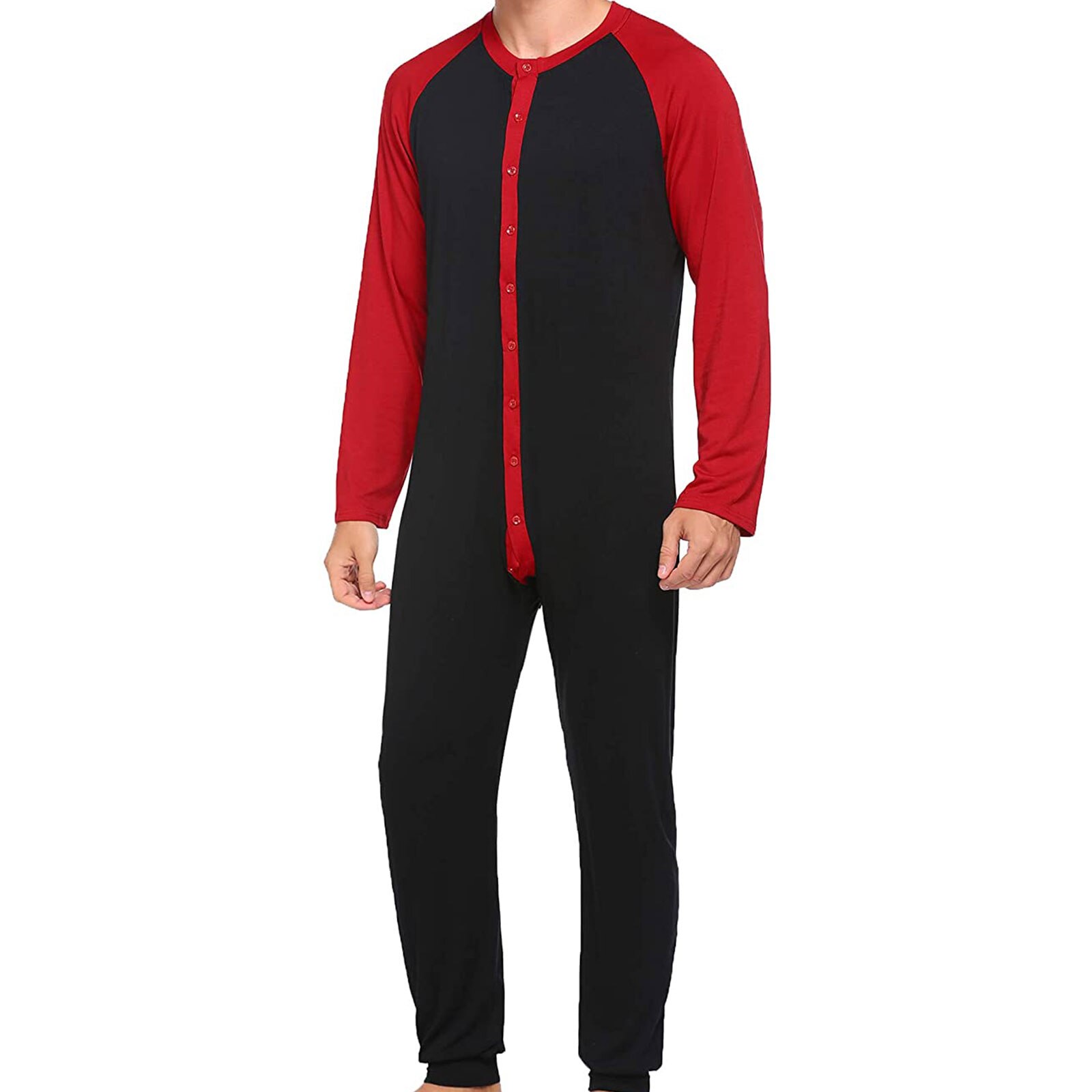 Mannen Diverse Kleur Een Stuk Pyjama Lange Mouw Ronde Kraag Knop Open Voorzijde Nachthemd Jumpsuits Homewear