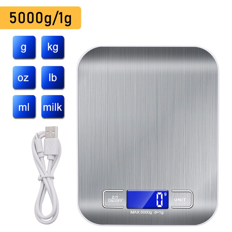 Stainless steel USB digital kitchen scale 10kg 5kg precision electronic food scale for cooking and baking measuring tools: 5000g Silver