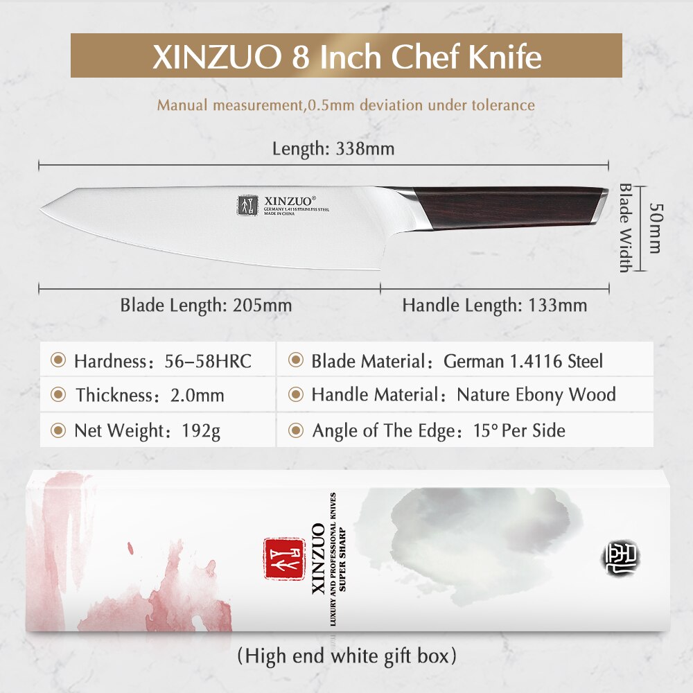 Xinzuo 8 ''Inch Koksmes Duitse 1.4116 Roestvrij Staal Keukenmessen Cleaver Vlees Groente Ebbenhouten Handvat