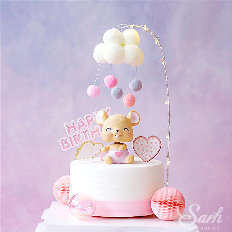 Décoration de la tête souris rose et bleu | En forme de cœur, moulin à vent, décoration de gâteau joyeux anniversaire, pour fête, fournitures de pâtisserie,