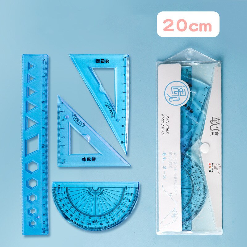 4pcs Combination Ruler Set Multifunctional Soft rubber Ruler student stationery set Children plastic ruler drawing tool: 20cm suit C1