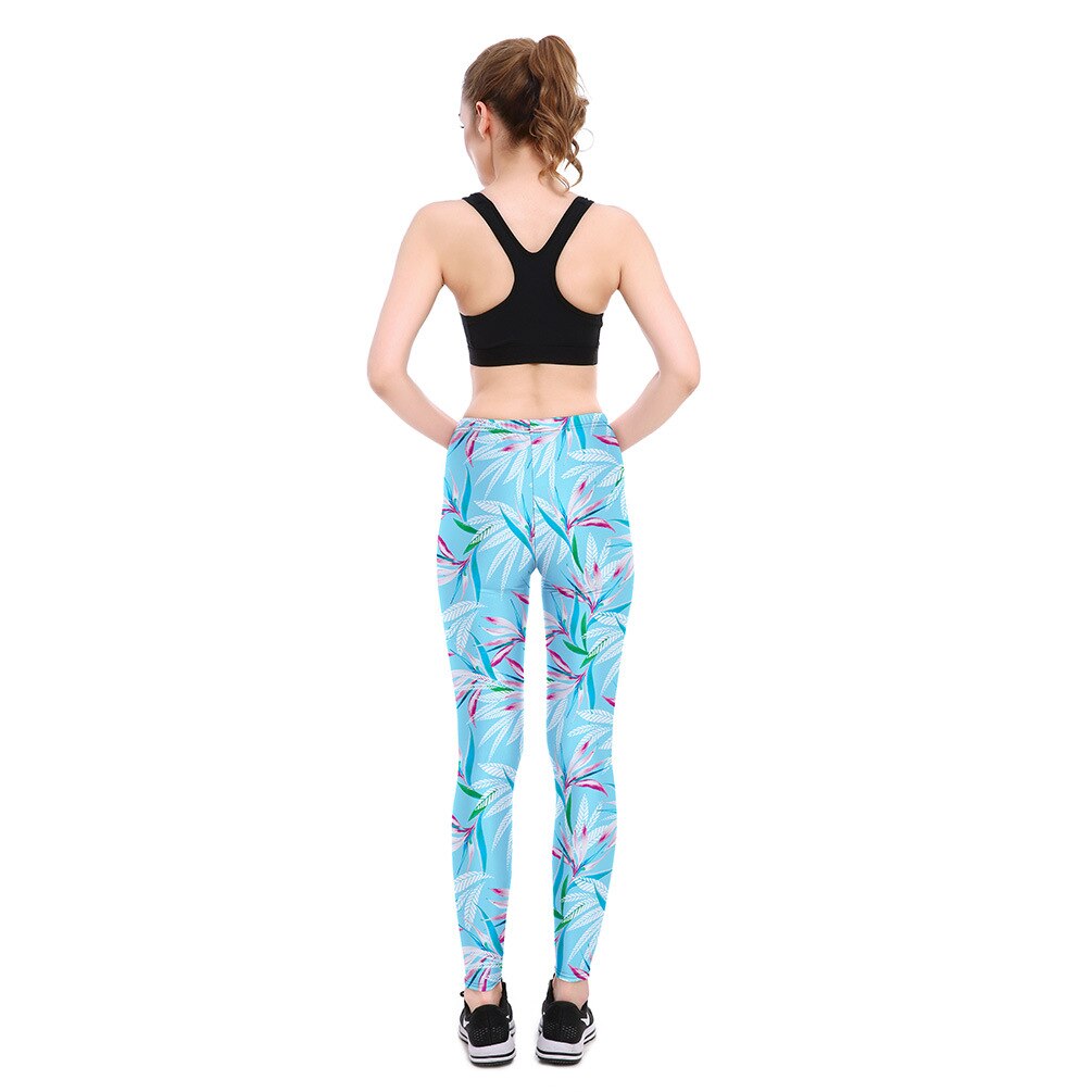 JIGERJOGER Canna floral lake Blue leaves digital printing leggings sports Playsuit Fitness Leggings Pants Running Bottoms