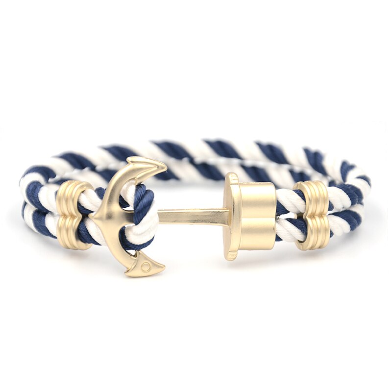 Junwei herre ankerarmbånd lavet af nylon i marineblå-hvid og anker lavet af messing: Lysegul guldfarve