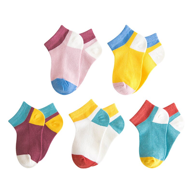 5 Pairs Kinderen Sokken Fabriek Lente Zomer Mesh Kleur Blok Sokken 1-12 Jaar: M 3 to 5 years