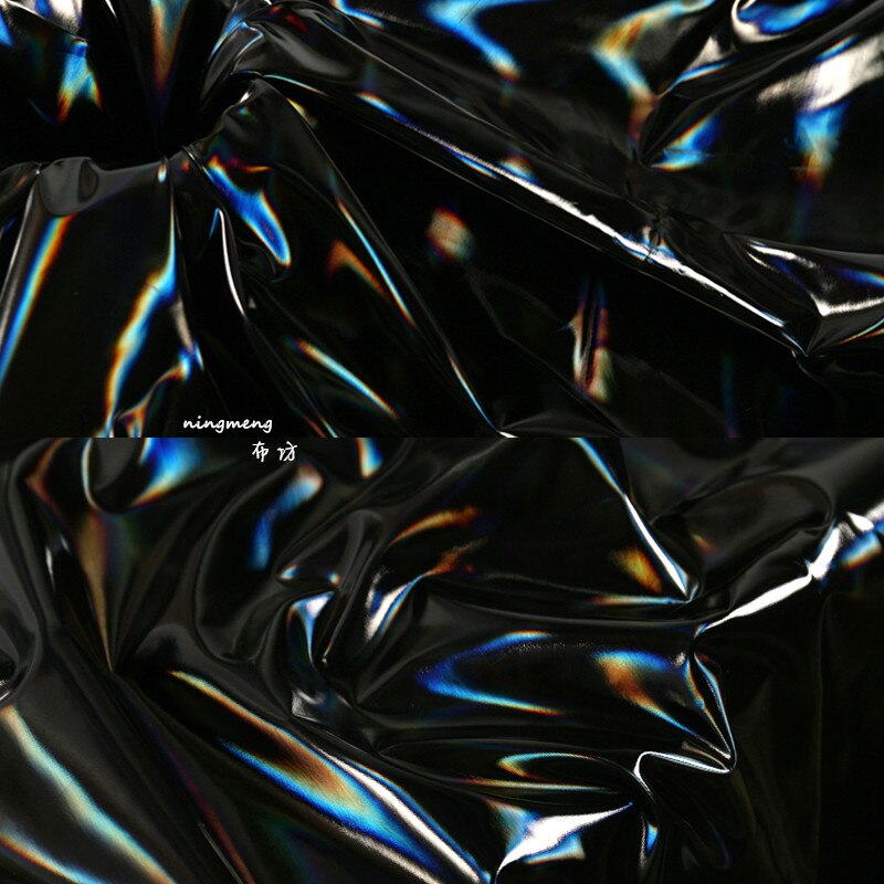 Heldere Zwarte Magic Pu Regenboog Film Stof Spiegel Reflecterende Kleding Waterdicht Donsjack Leer Stof