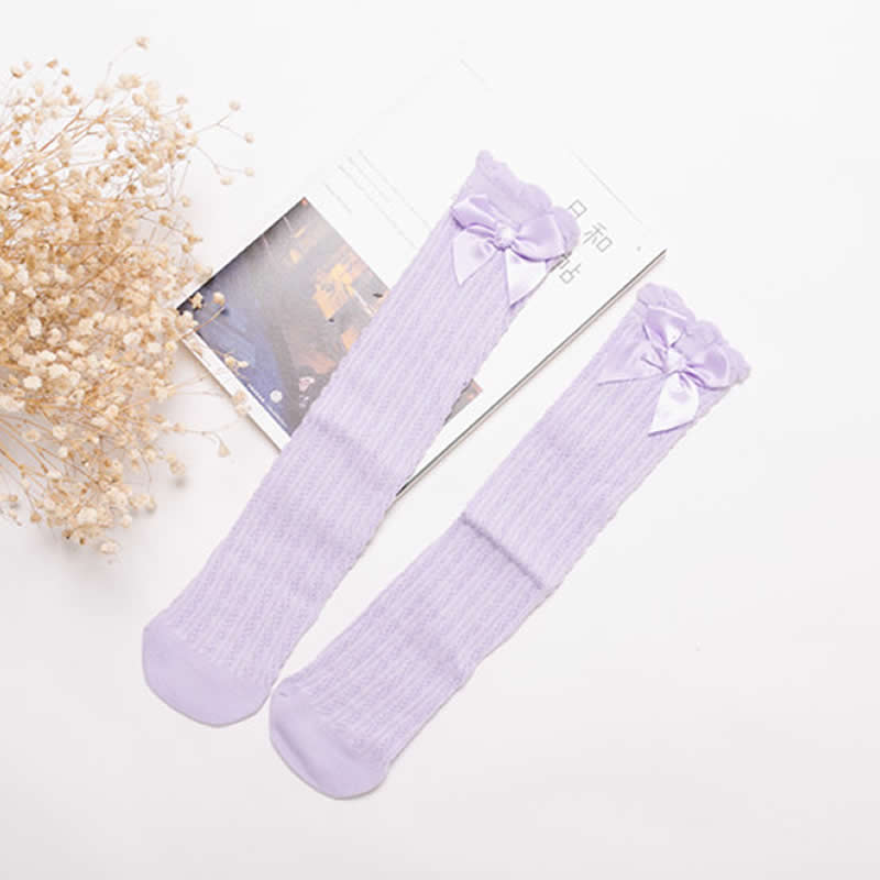 Calentadores de piernas para niños, calentador de piernas con lazo y boca de burbuja, tubo Alto hasta la rodilla, sección delgada, sin talón, para bebés: purple bow front