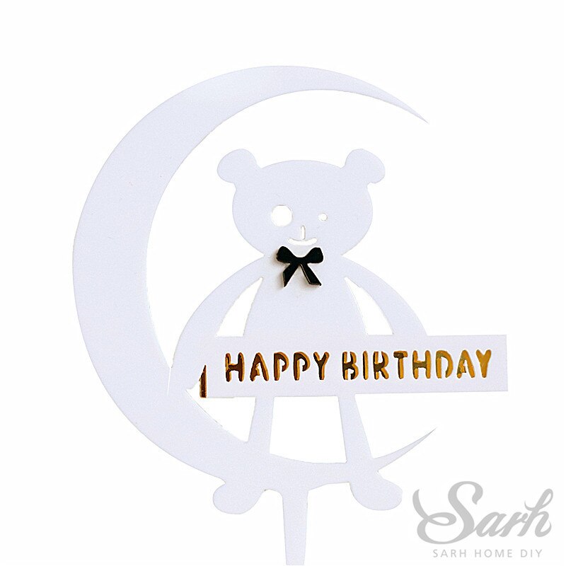 Moon Bow Tie Bear Cake Topper Pink White Crown Bear Decorations Happy Birthday Party for Wedding Baking Supplies Kid Love