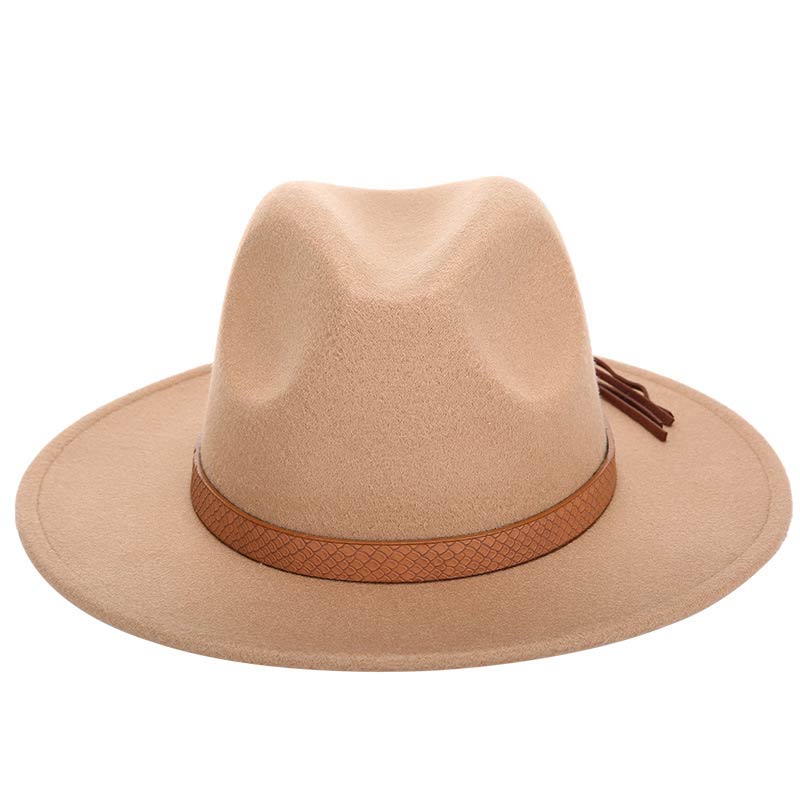 Autumn and winter retro fedora men's and women's universal solid color snake leather belt classic church hats bowler jazz man: Khaki / 59-61CM