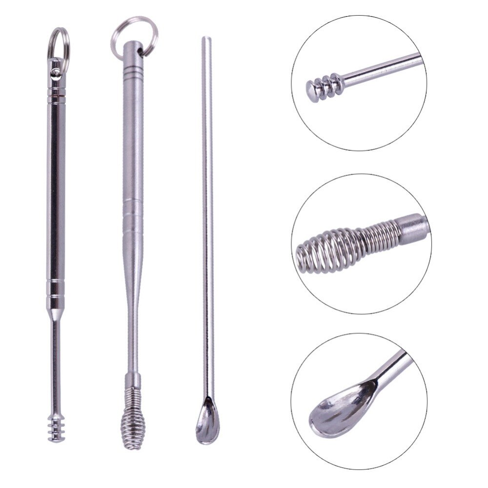 Stainless Steel Ear Pick Wax Remover Cleaner Earpick Curette Ear Spoon Earwax Clean Cleaning Tool with Key Chain End #276538