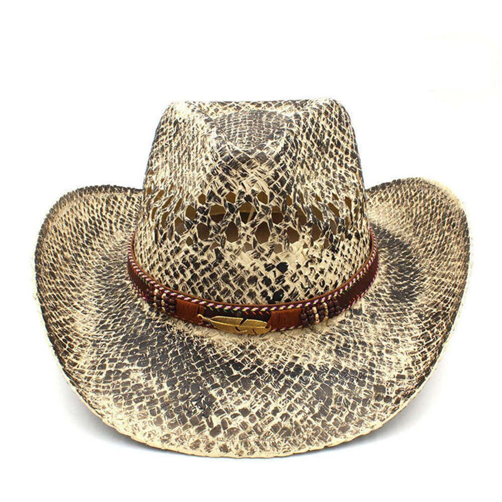 Sombrero de paja para Hombre y mujer, Sombrero de cowboy hecho a mano del Oeste, Sombrero de playa tejido para Hombre, Sombrero de Jazz para vaquera, cinta de hojas Punk, tamaño 56-58CM: C8 CAN