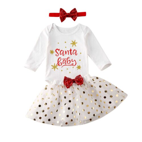 3 pçs emmababy bebê recém-nascido menina meu primeiro natal carta impressão macacão + saia bandana roupas de moda: 6 m