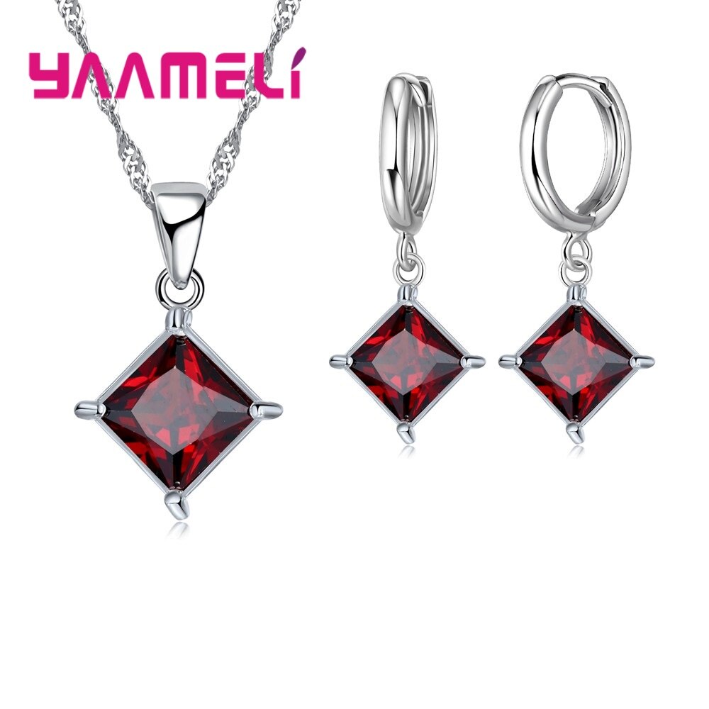 Authentieke 925 Sterling Zilveren Glanzende Cz Geometrische Klassieke Vierkante Huggie Oorbellen Ketting Sets Voor Vrouwen Fijne Sieraden: Red