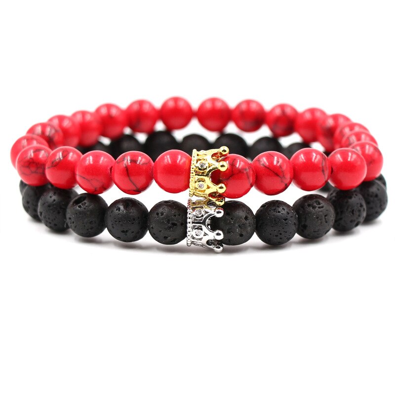 8mm 2 stk/sæt par mikro indsat zirkon krone armbånd klassisk natursten elastisk kvinder charm perler armbånd til mænd smykker: Farve 4